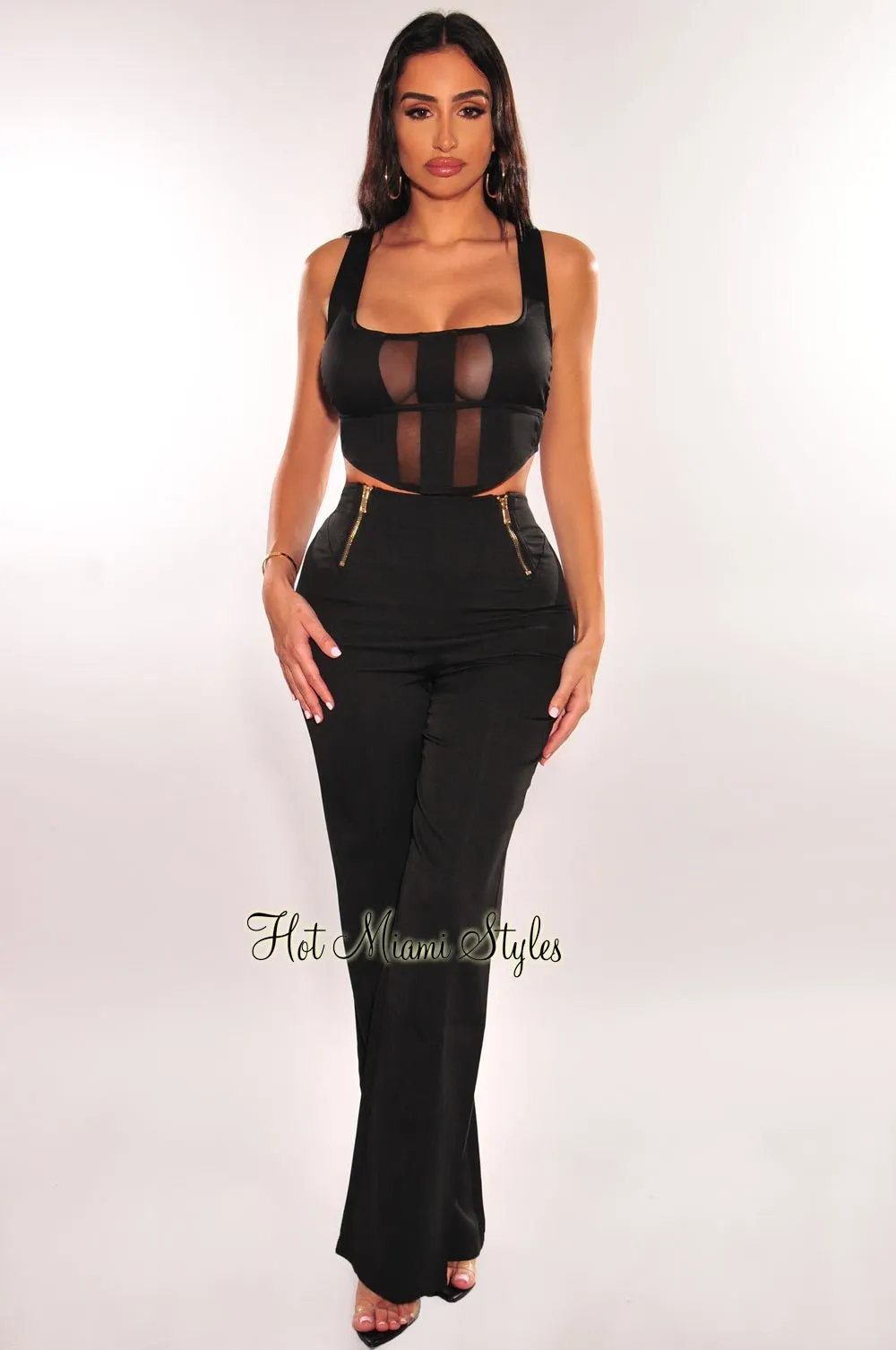 Black Mesh Sleeveless Gold Zipper Palazzo Pants Two Piece Set