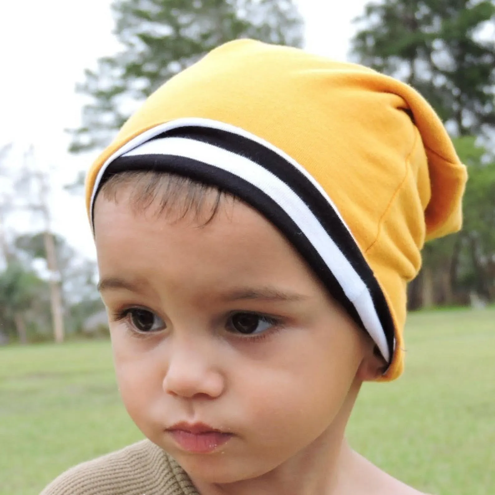 Boys Black and White Striped Harem Pants with Reversible Beanie.