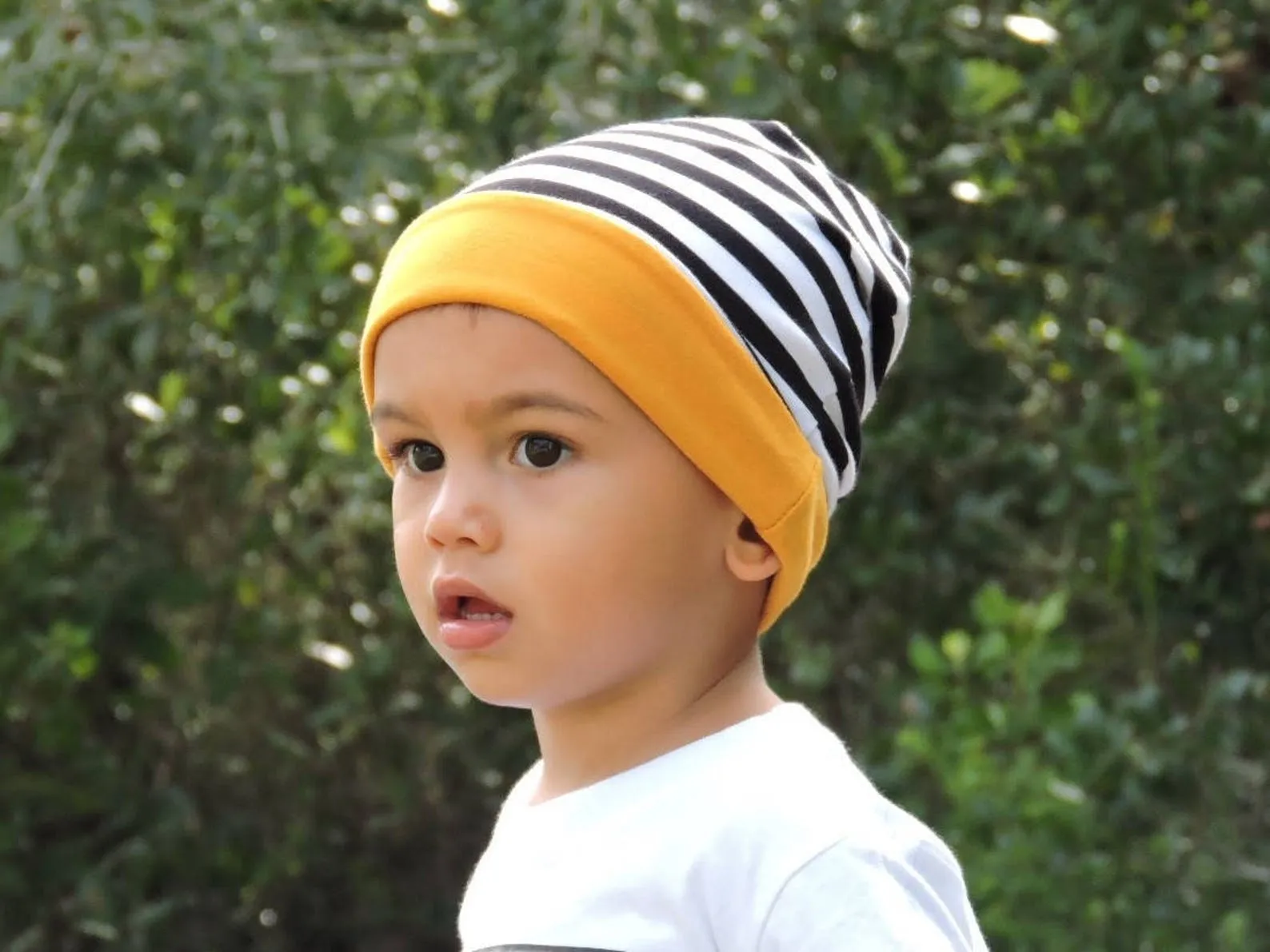 Boys Black and White Striped Harem Pants with Reversible Beanie.