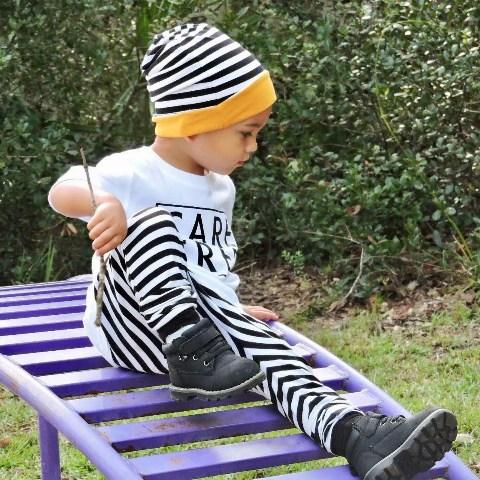 Boys Black and White Striped Harem Pants with Reversible Beanie.