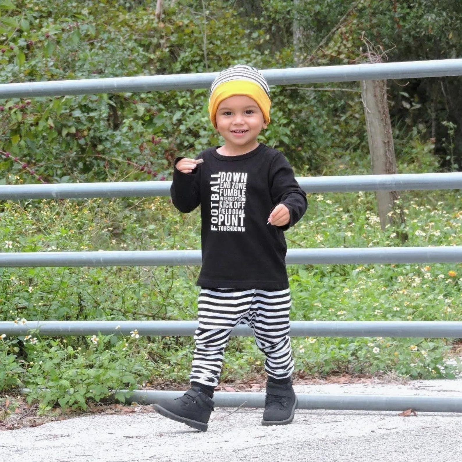 Boys Black and White Striped Harem Pants with Reversible Beanie.