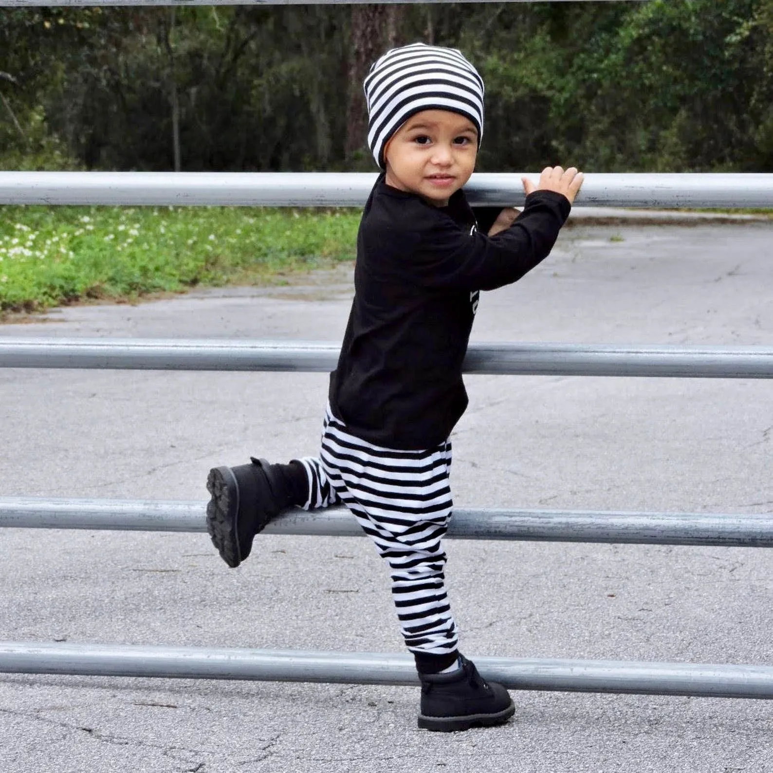 Boys Black and White Striped Harem Pants with Reversible Beanie.