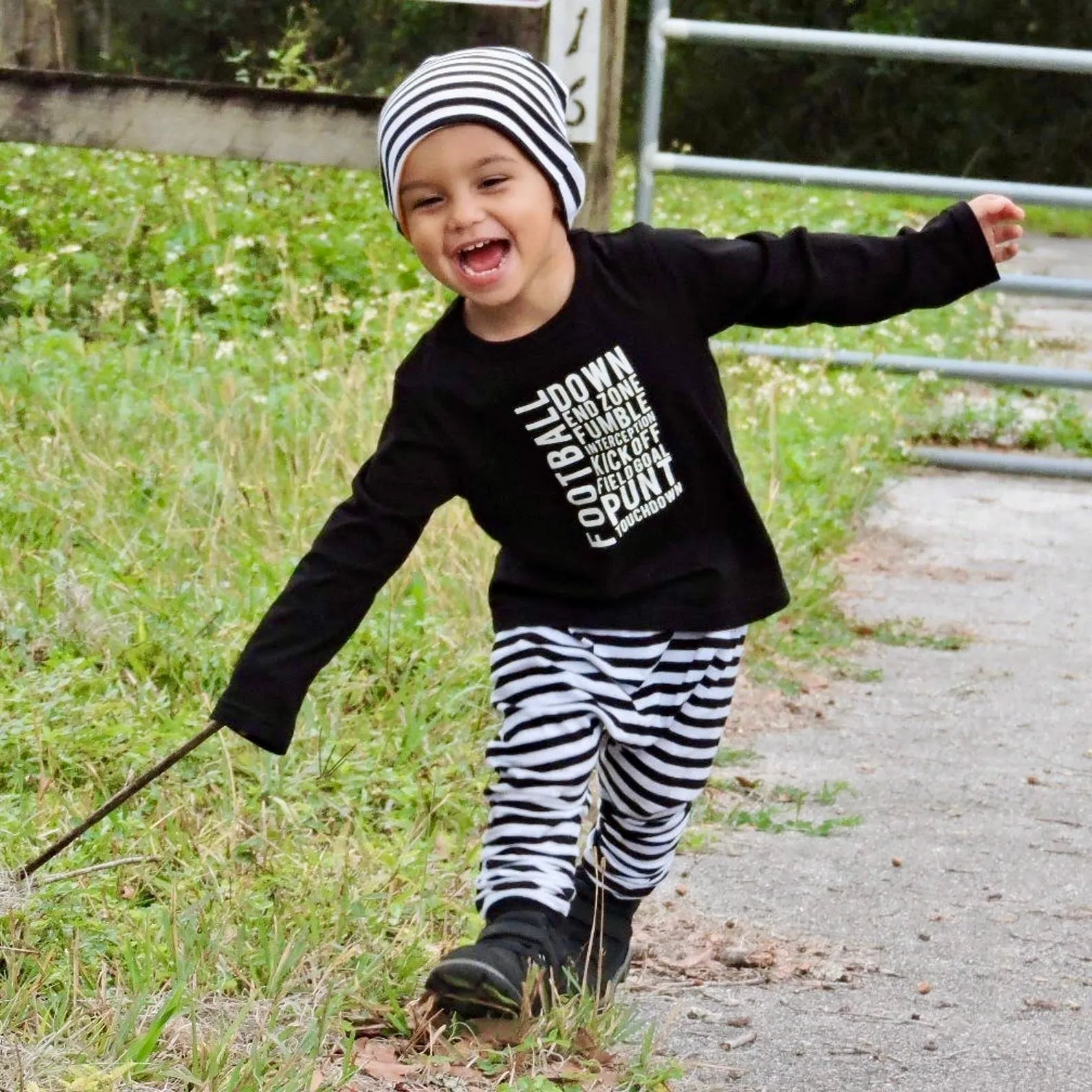 Boys Black and White Striped Harem Pants with Reversible Beanie.