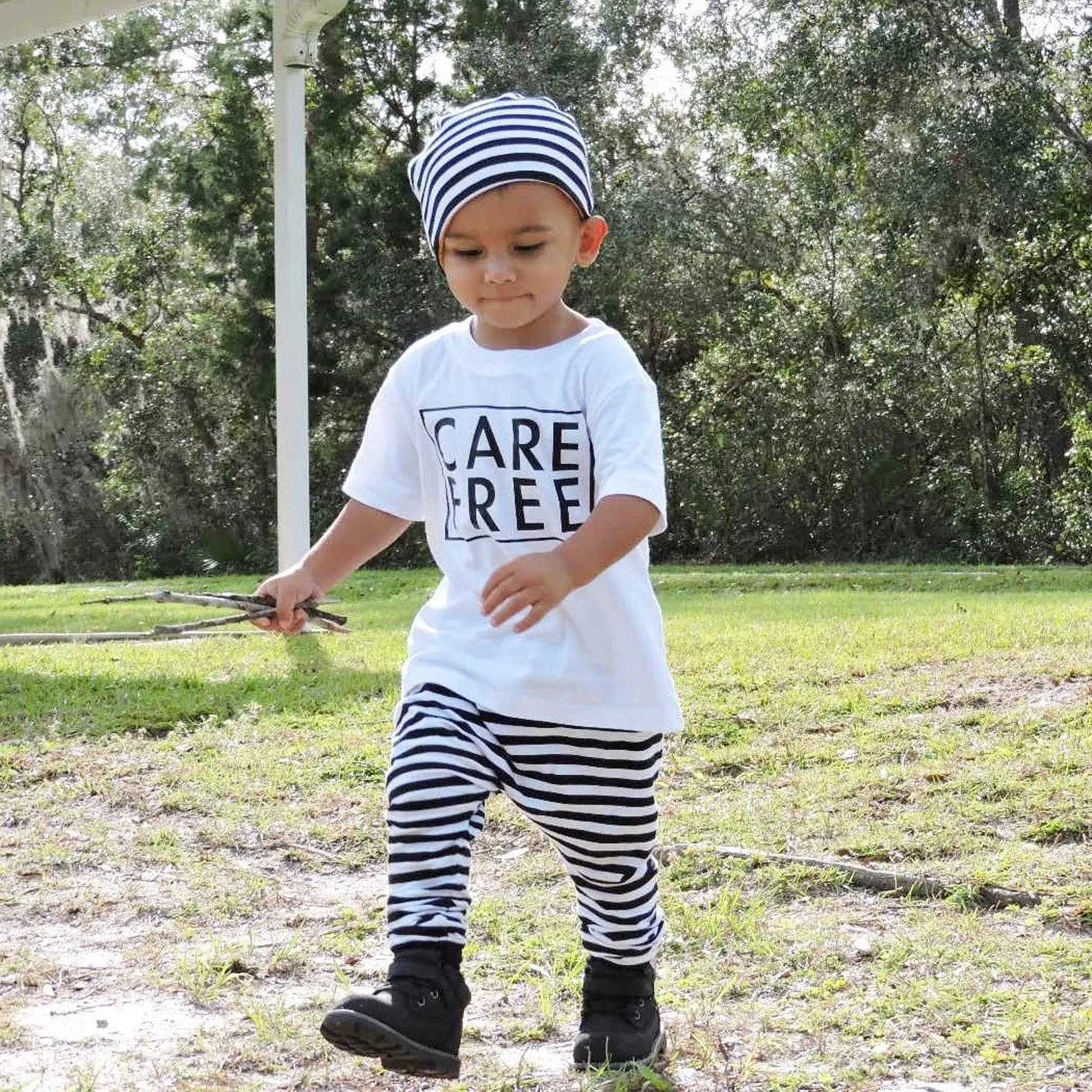 Boys Black and White Striped Harem Pants with Reversible Beanie.