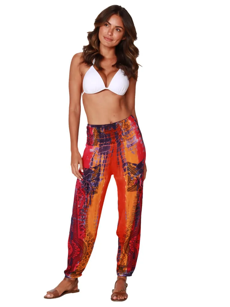 Brightly tie-dyed and printed smocked on top harem pant