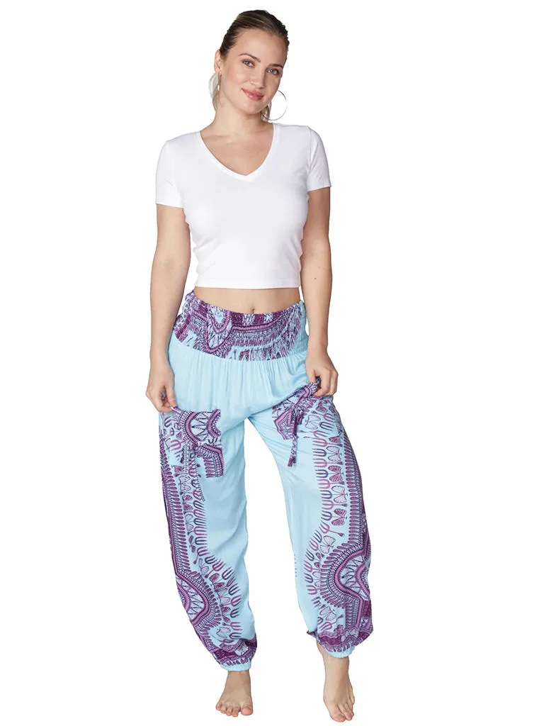 Brightly tie-dyed and printed smocked on top harem pant