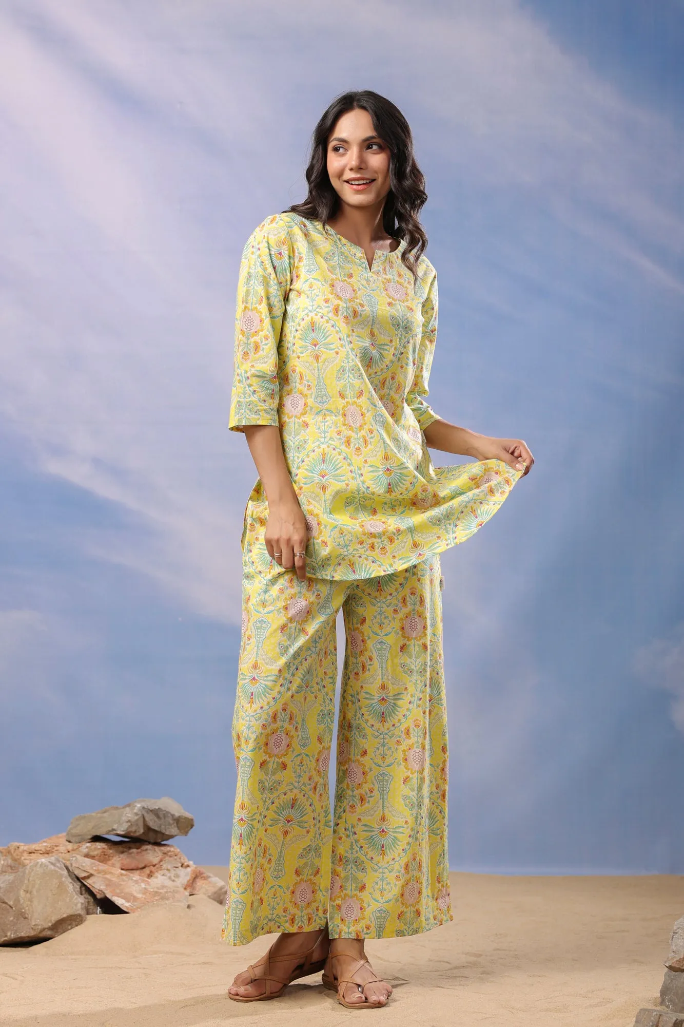 Citrus Delight Cotton Palazzo Loungewear Set