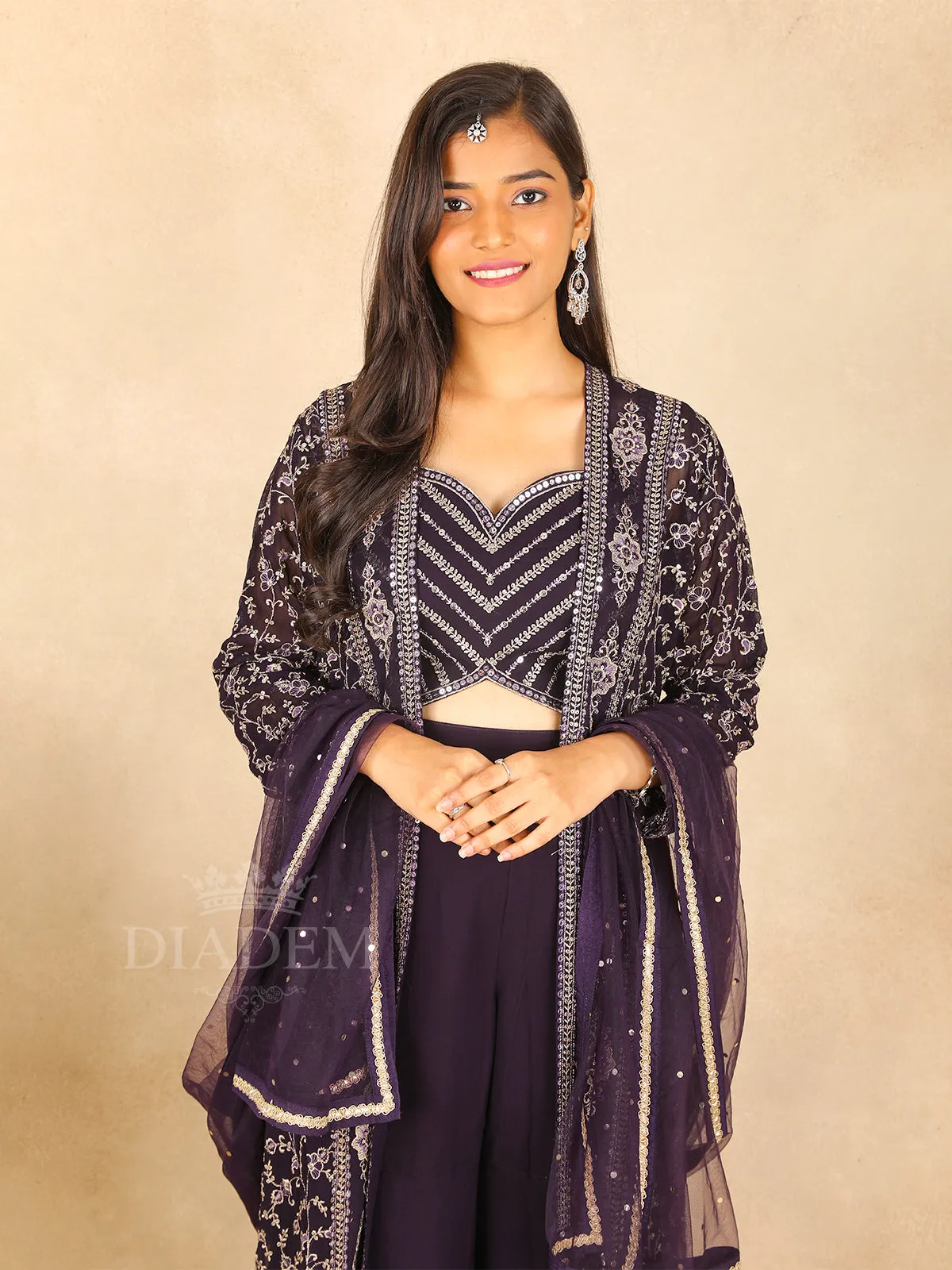 Dark purple Leaf Designed Palazzo Suit