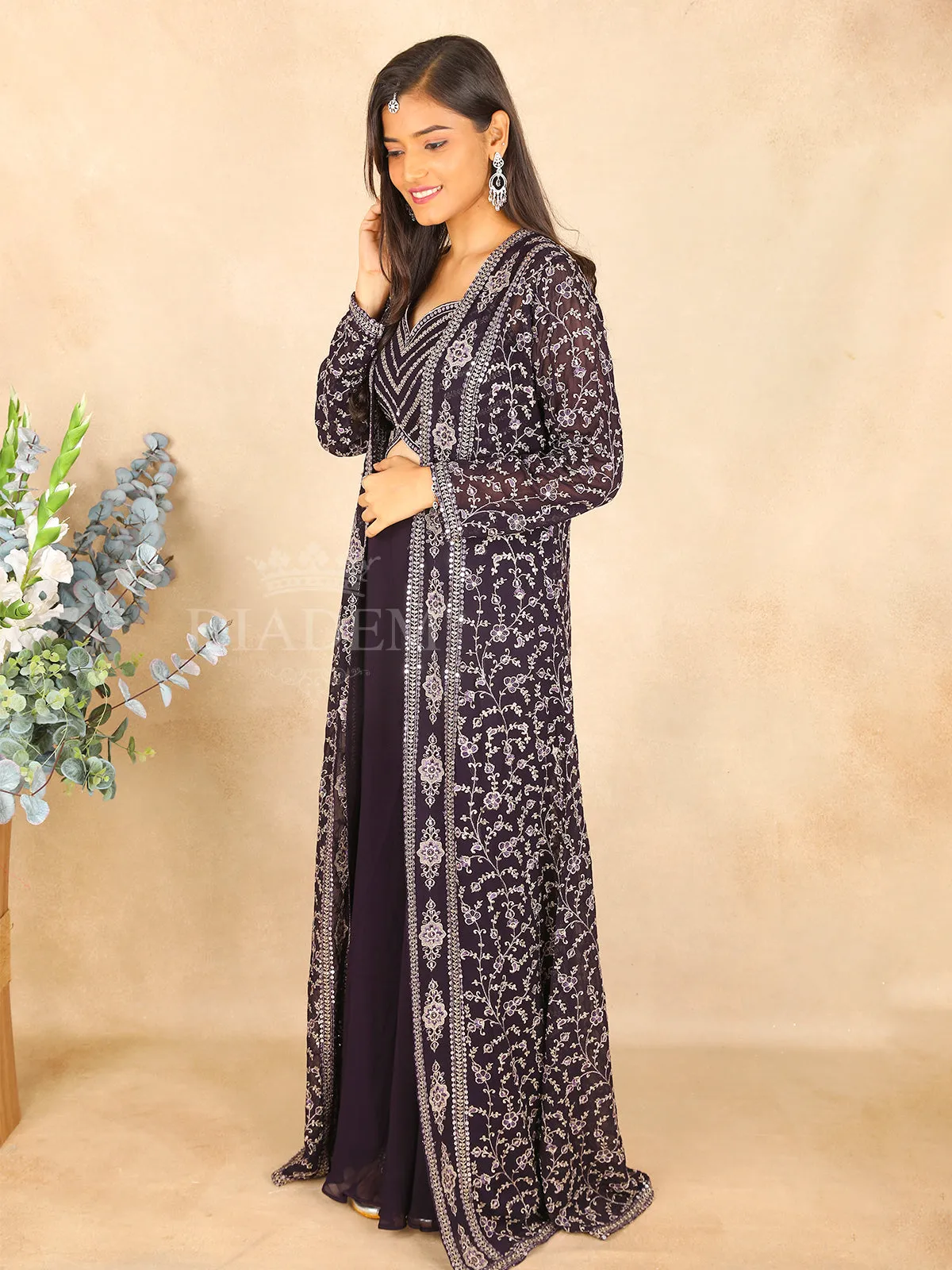 Dark purple Leaf Designed Palazzo Suit