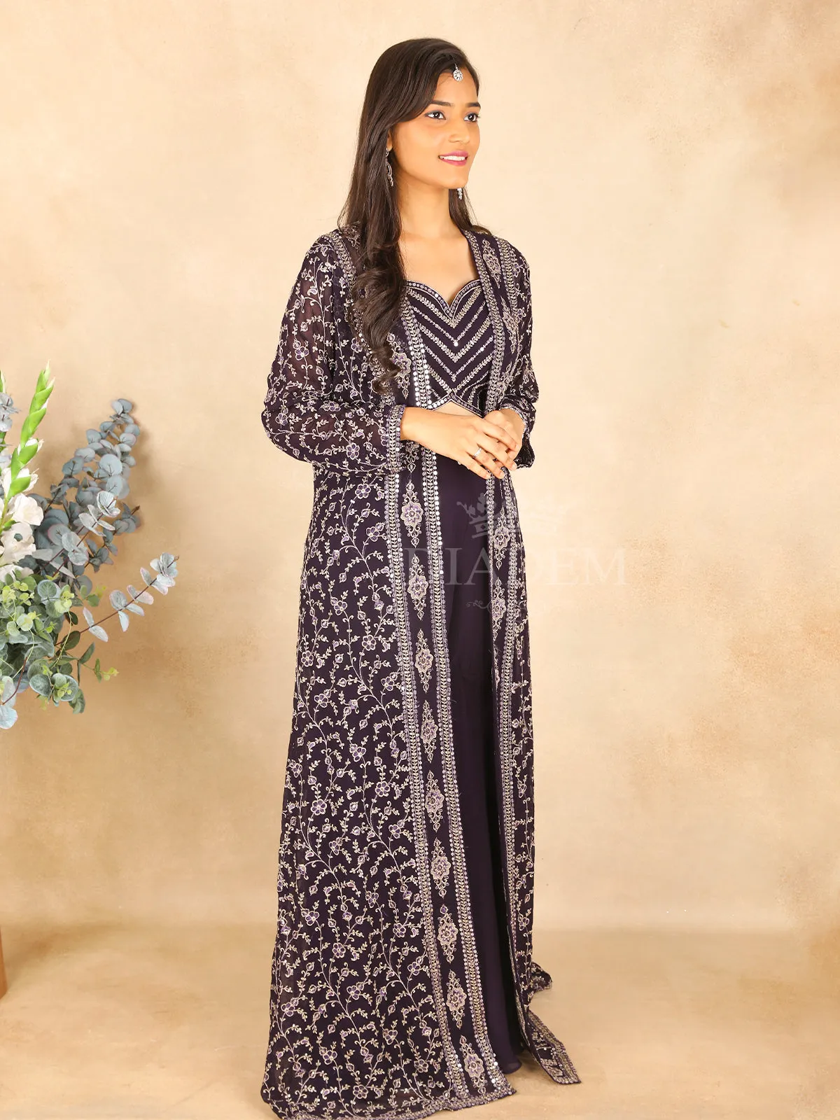 Dark purple Leaf Designed Palazzo Suit