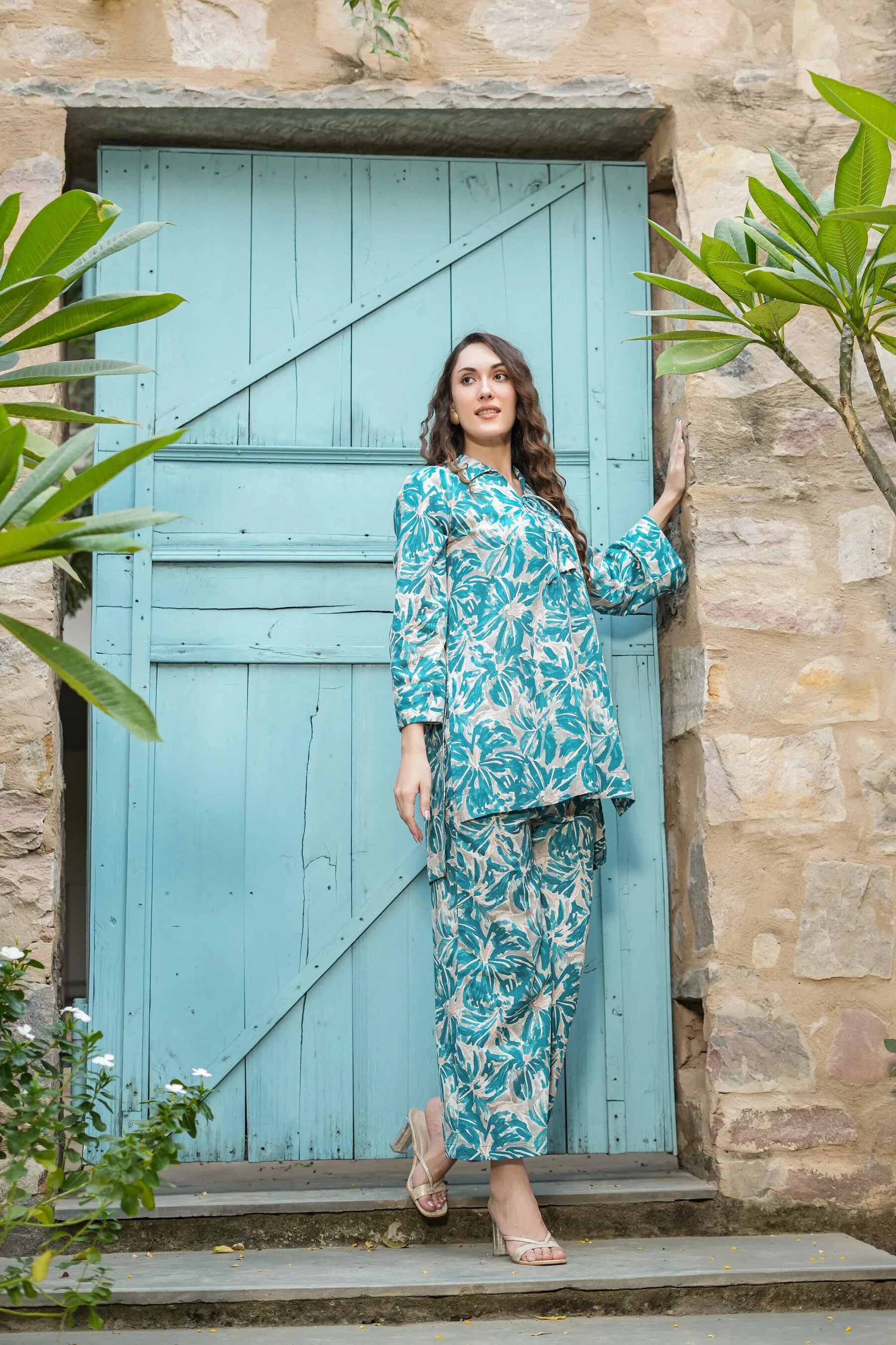 Floral Filigree Cotton Palazzo Loungewear Set