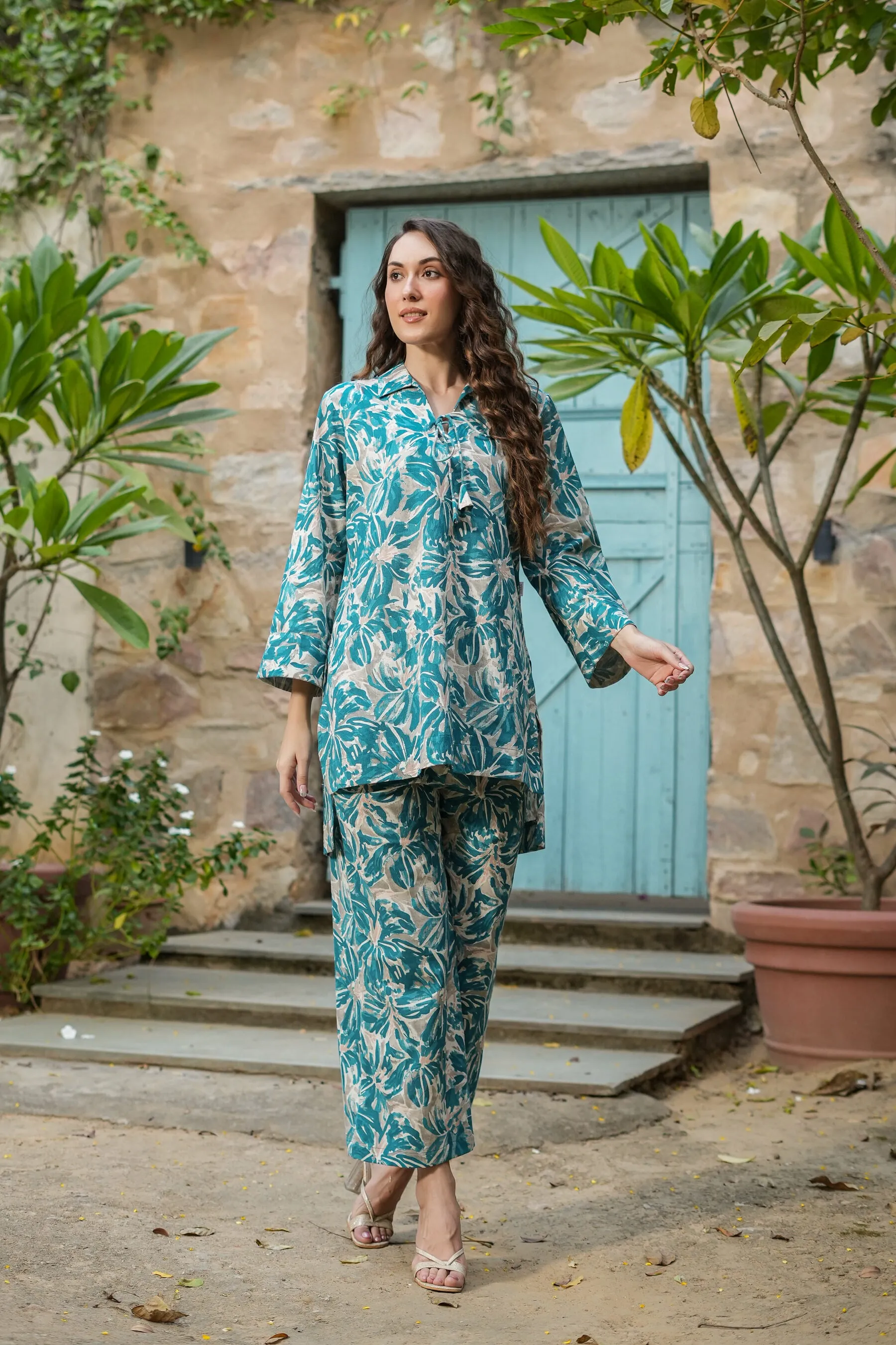 Floral Filigree Cotton Palazzo Loungewear Set