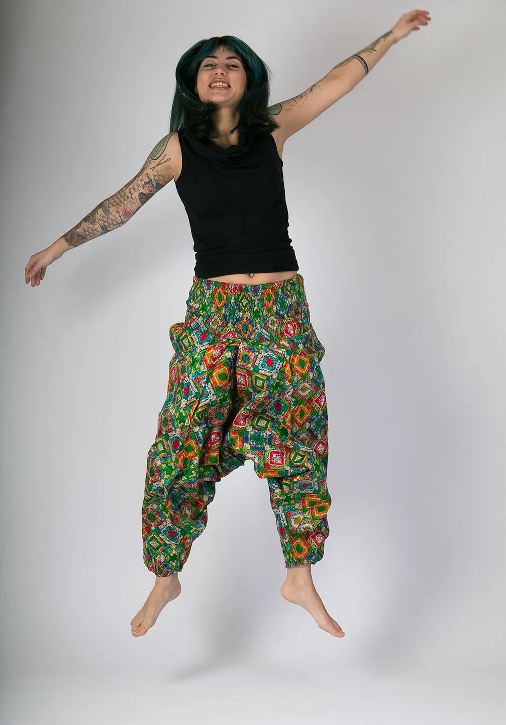 Green Print Cotton Harem Yoga Jumpsuit Pants