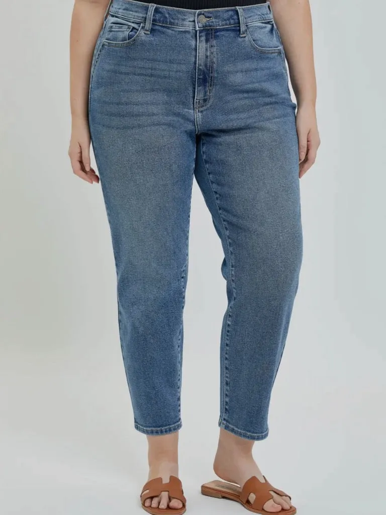 High Rise Mom Jean with Front Pocket Shape - Medium Denim