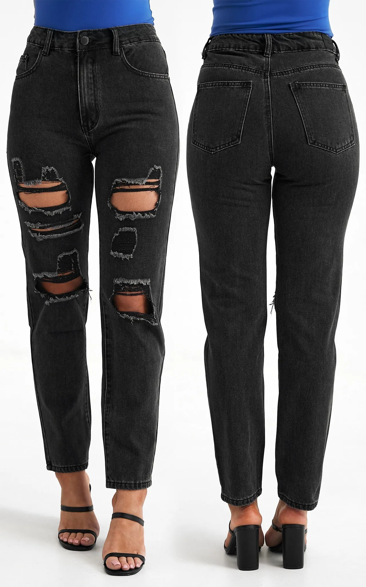 Maldives Distressed Ripped Mom Jeans - Charcoal Black