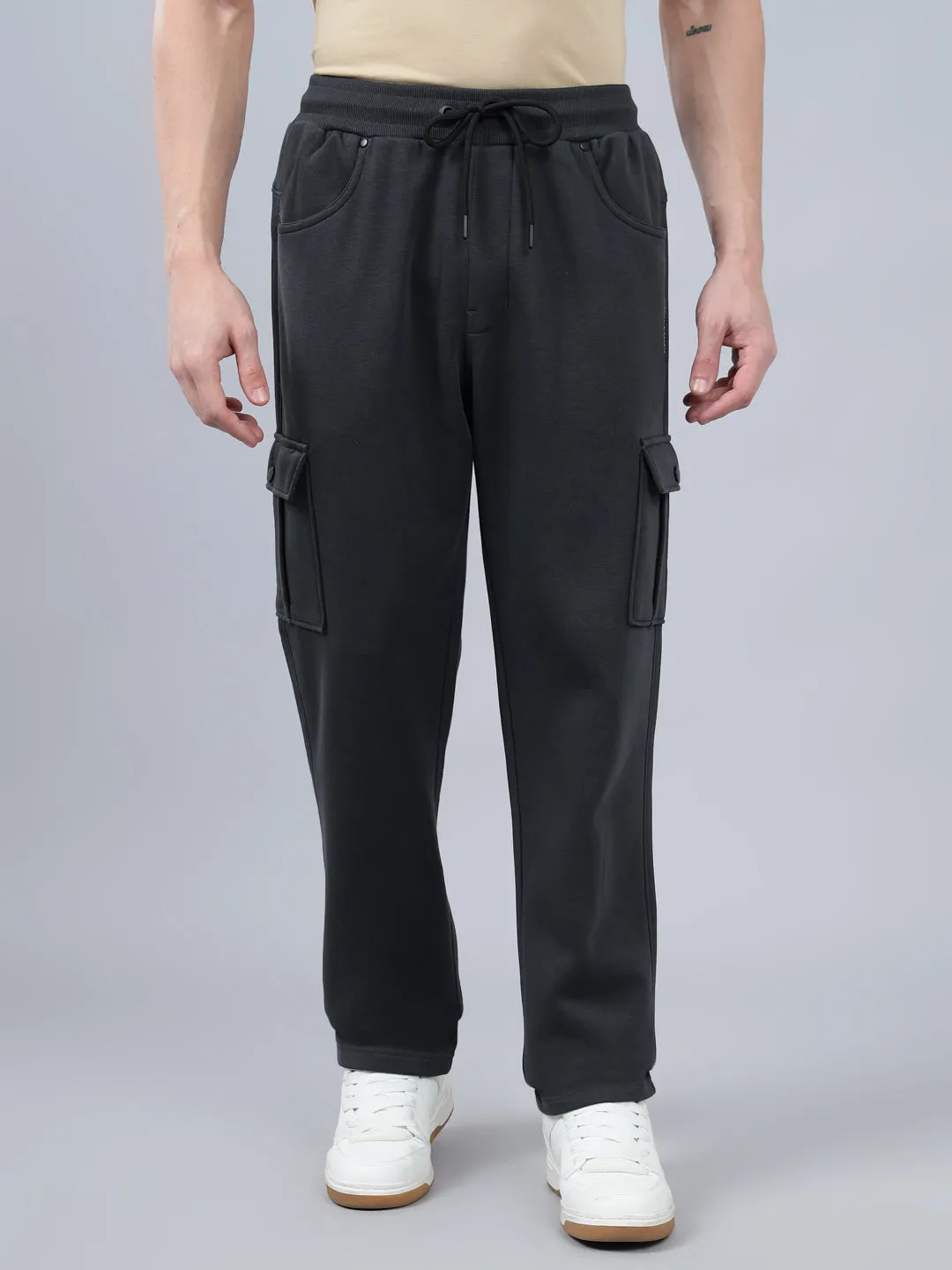 Men's Grey Solid Full Length Winter Cargo Pant