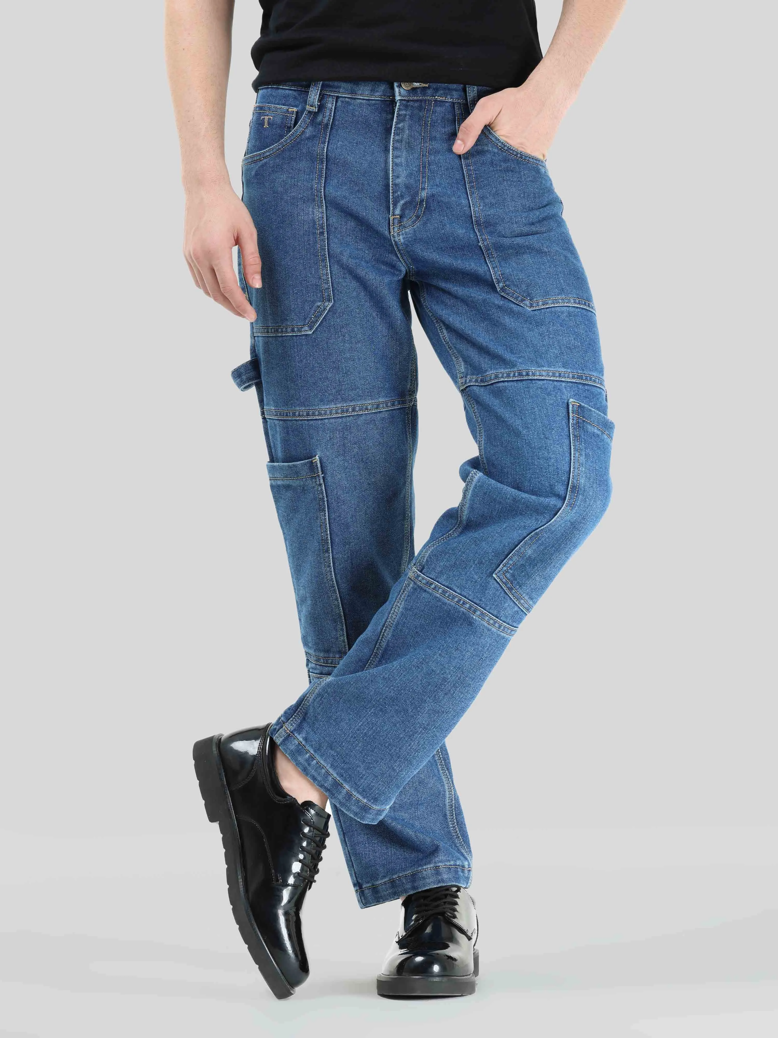 Mid Blue Relaxed Fit Denim Cargo