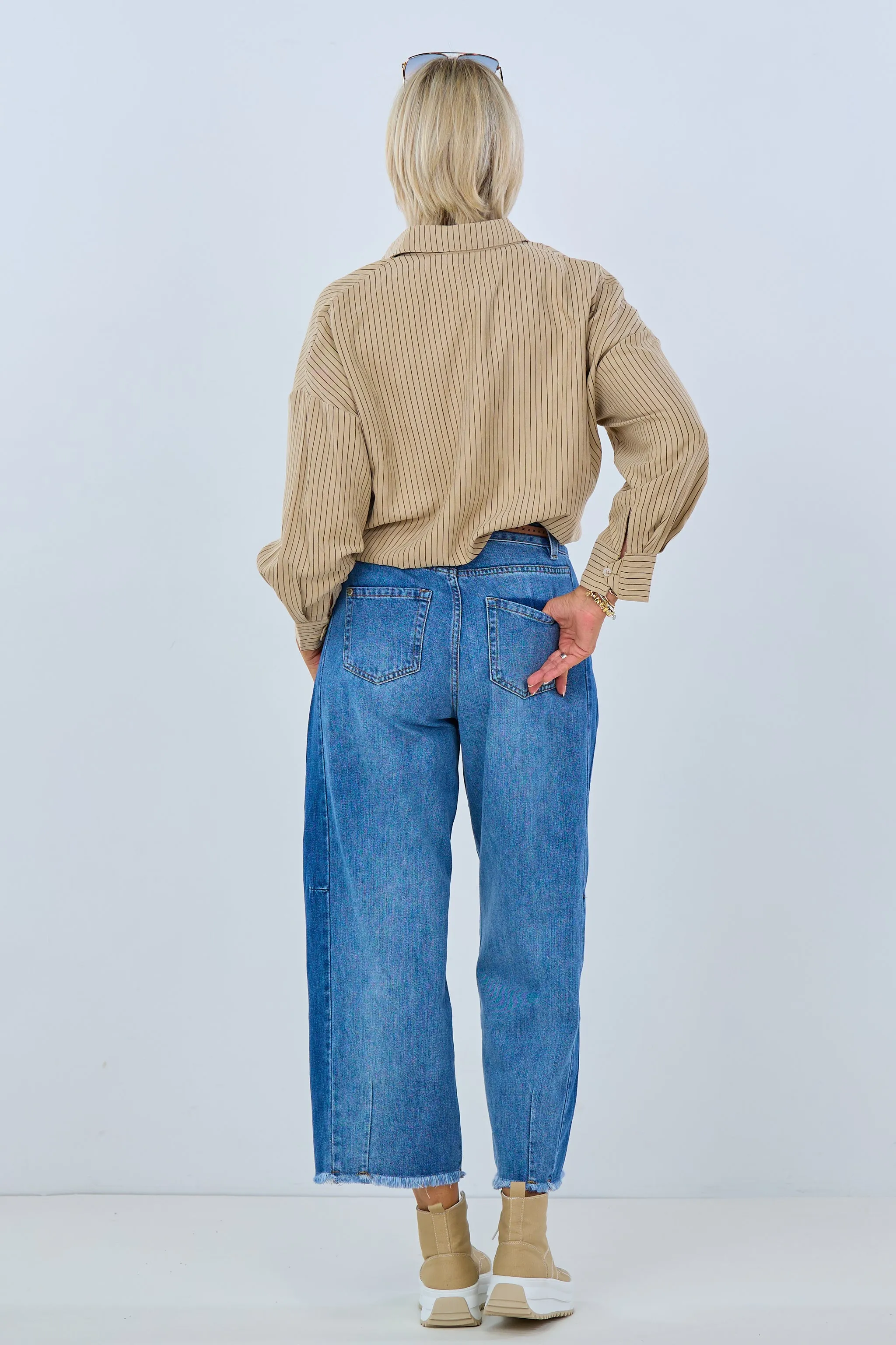 Mom Jeans mit kleinen Fransen, denim blau