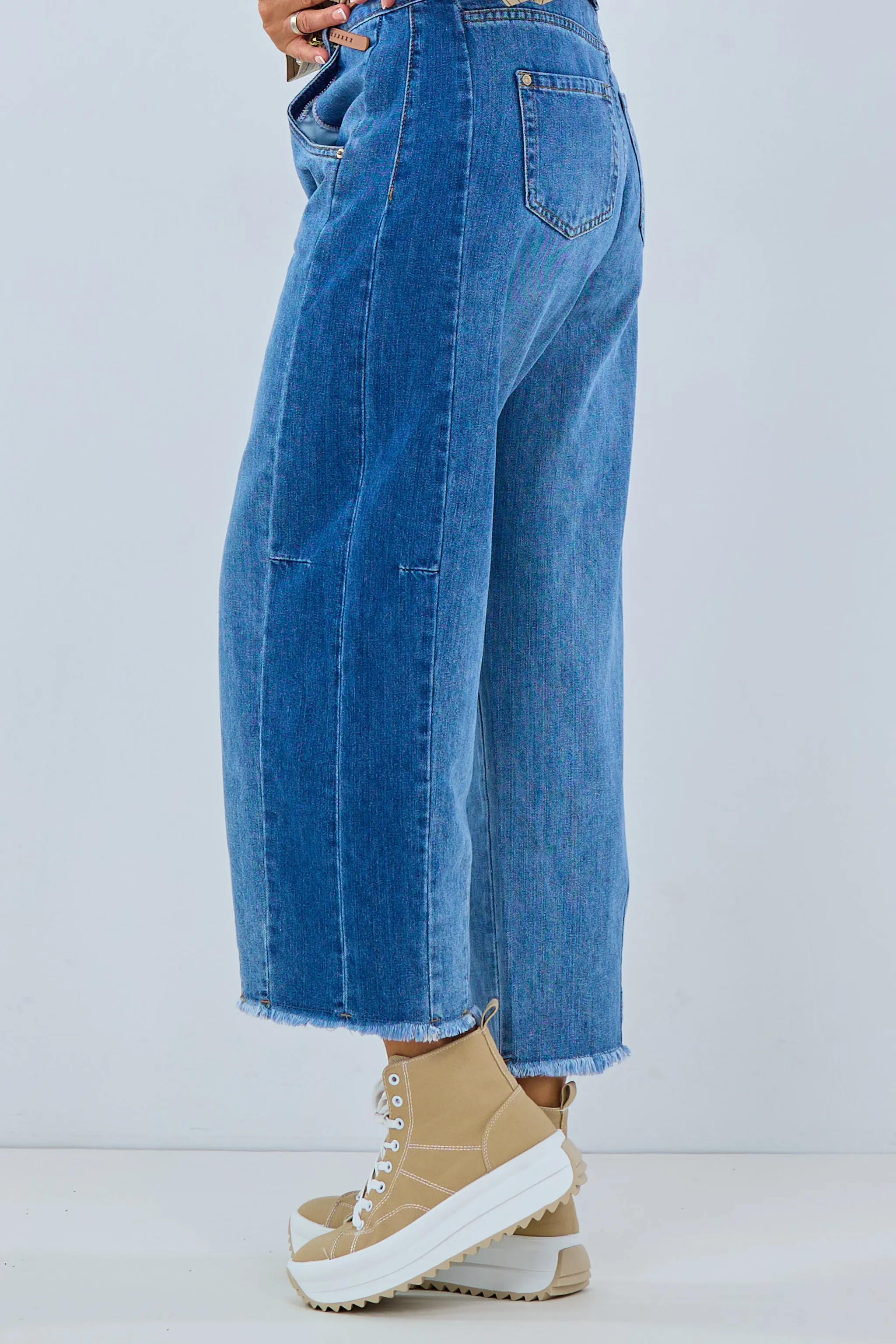 Mom Jeans mit kleinen Fransen, denim blau