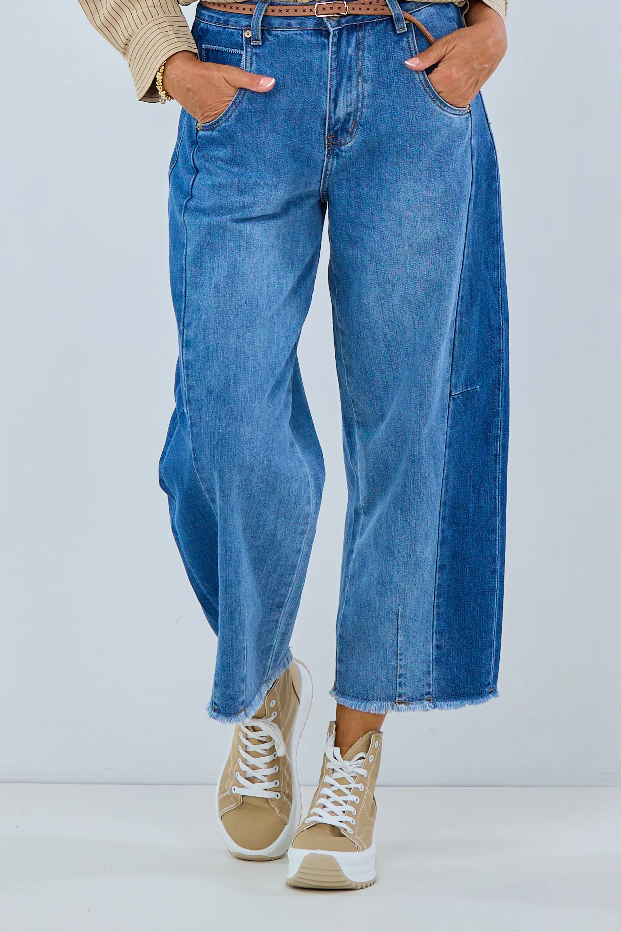 Mom Jeans mit kleinen Fransen, denim blau