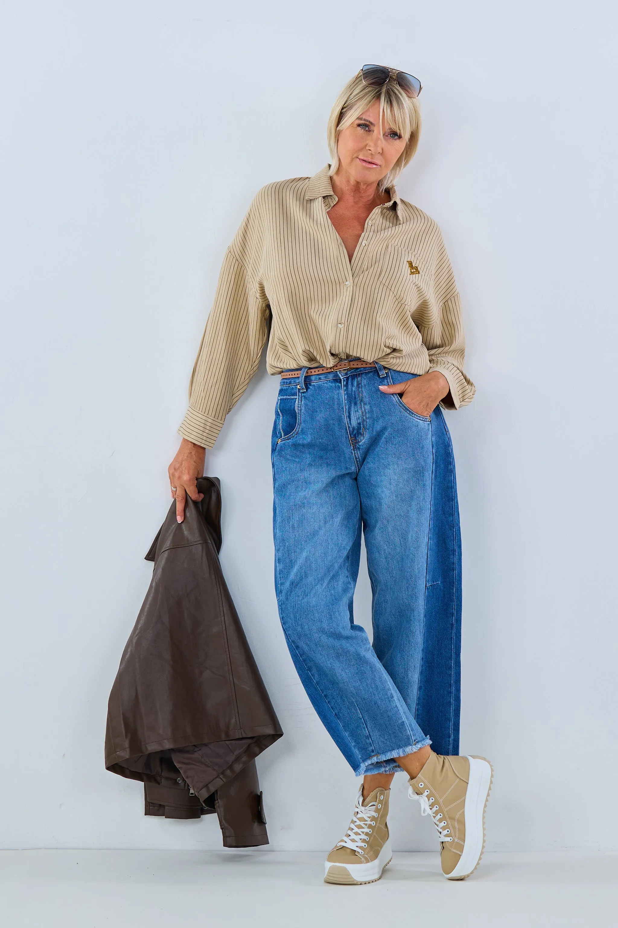 Mom Jeans mit kleinen Fransen, denim blau