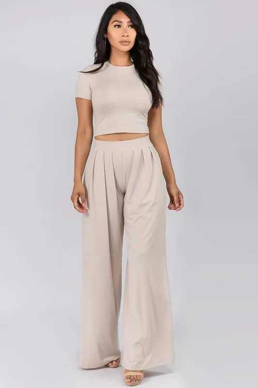 Oatmeal Crop Top And Palazzo Pants Set