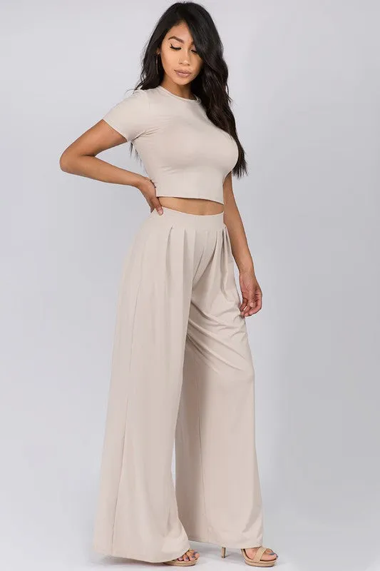 Oatmeal Crop Top And Palazzo Pants Set