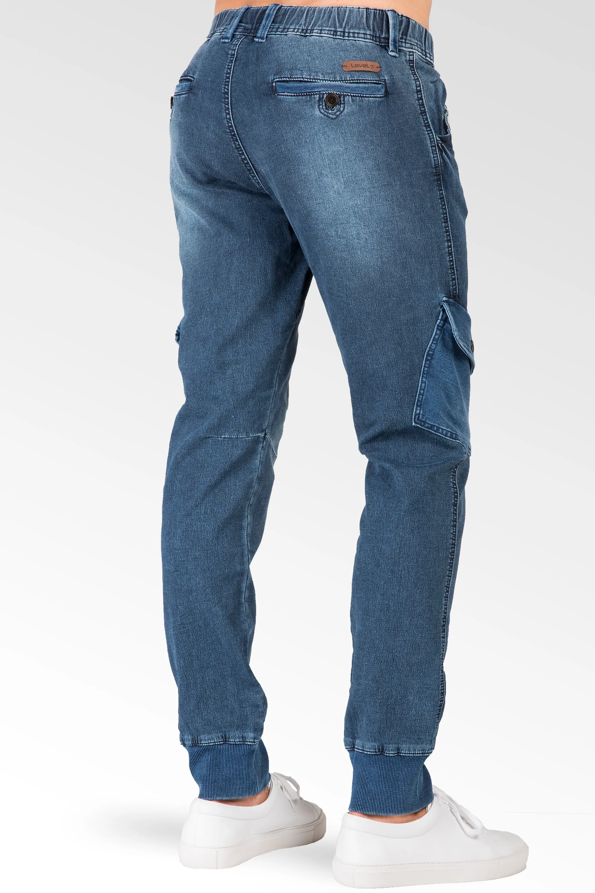 Ocean Blue Washed Premium Knit Denim Cargo Jogger Jeans Angled Side Cargo Pockets