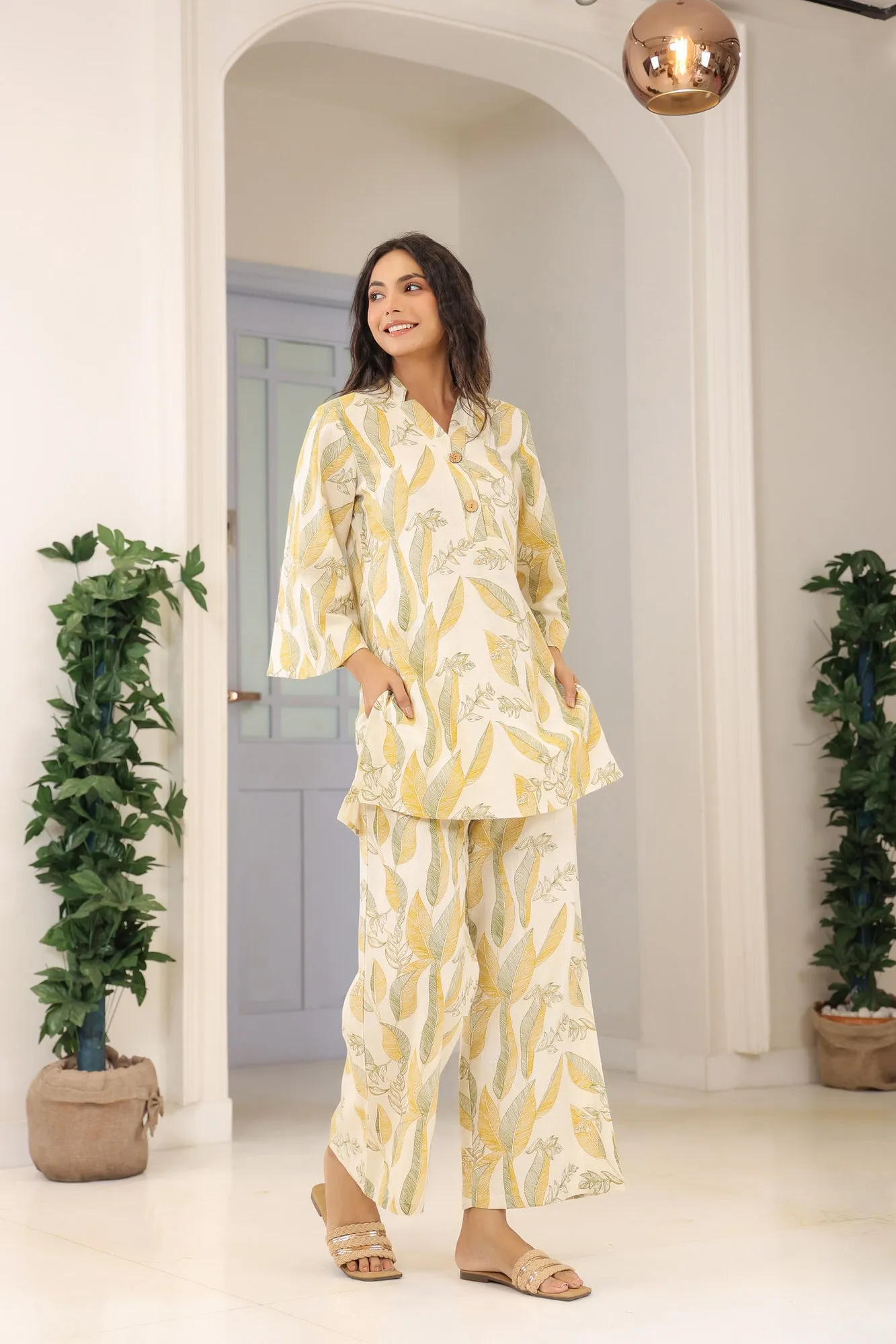 Pleasant White Cotton Flex Palazzo Loungewear Set