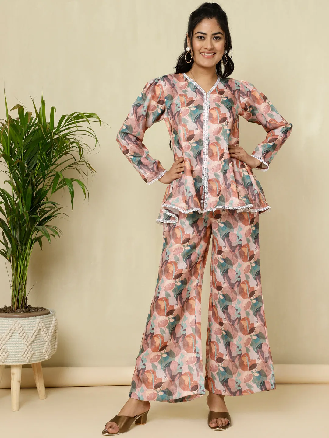 Rose Abstract Printed Top With Palazzo Co-ord Set