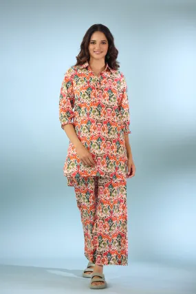 Traditional Ikat on Collared Cotton Palazzo Loungewear Set