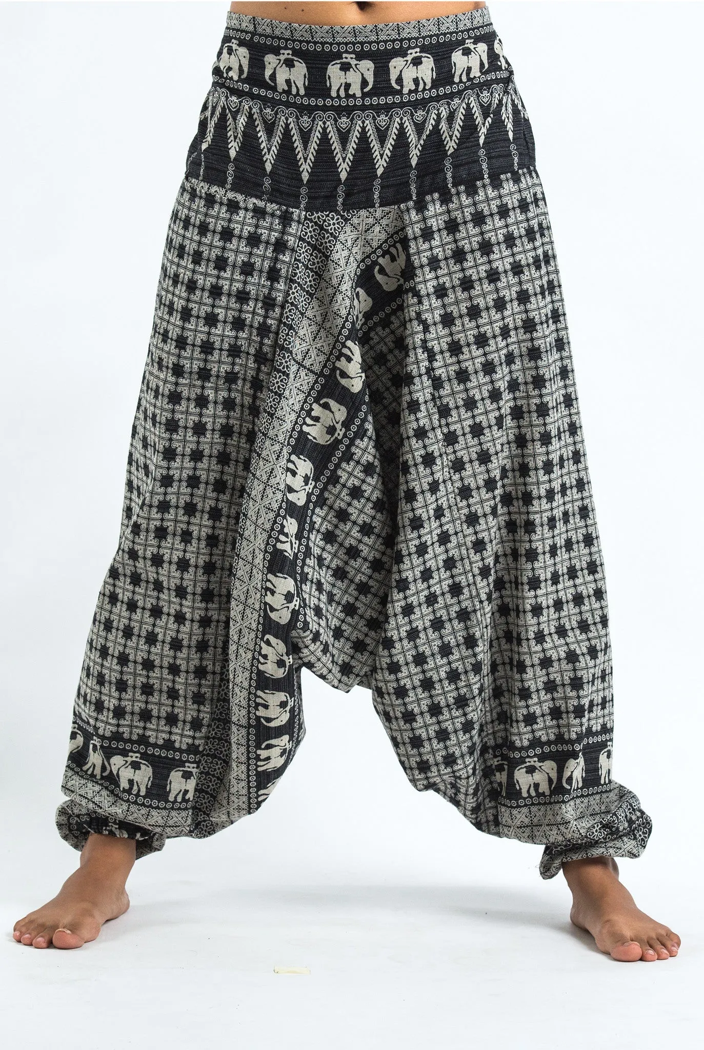 Unisex Hill Tribe Elephants Harem Pants in Black