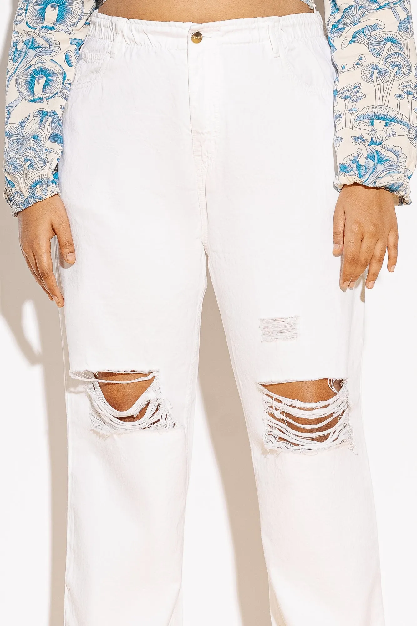 White Elasticated Distress Mom Jeans