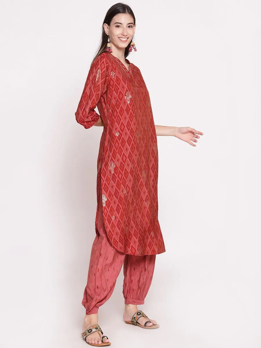 Women Pink Geometrical Printed Kurta With Harem Pant