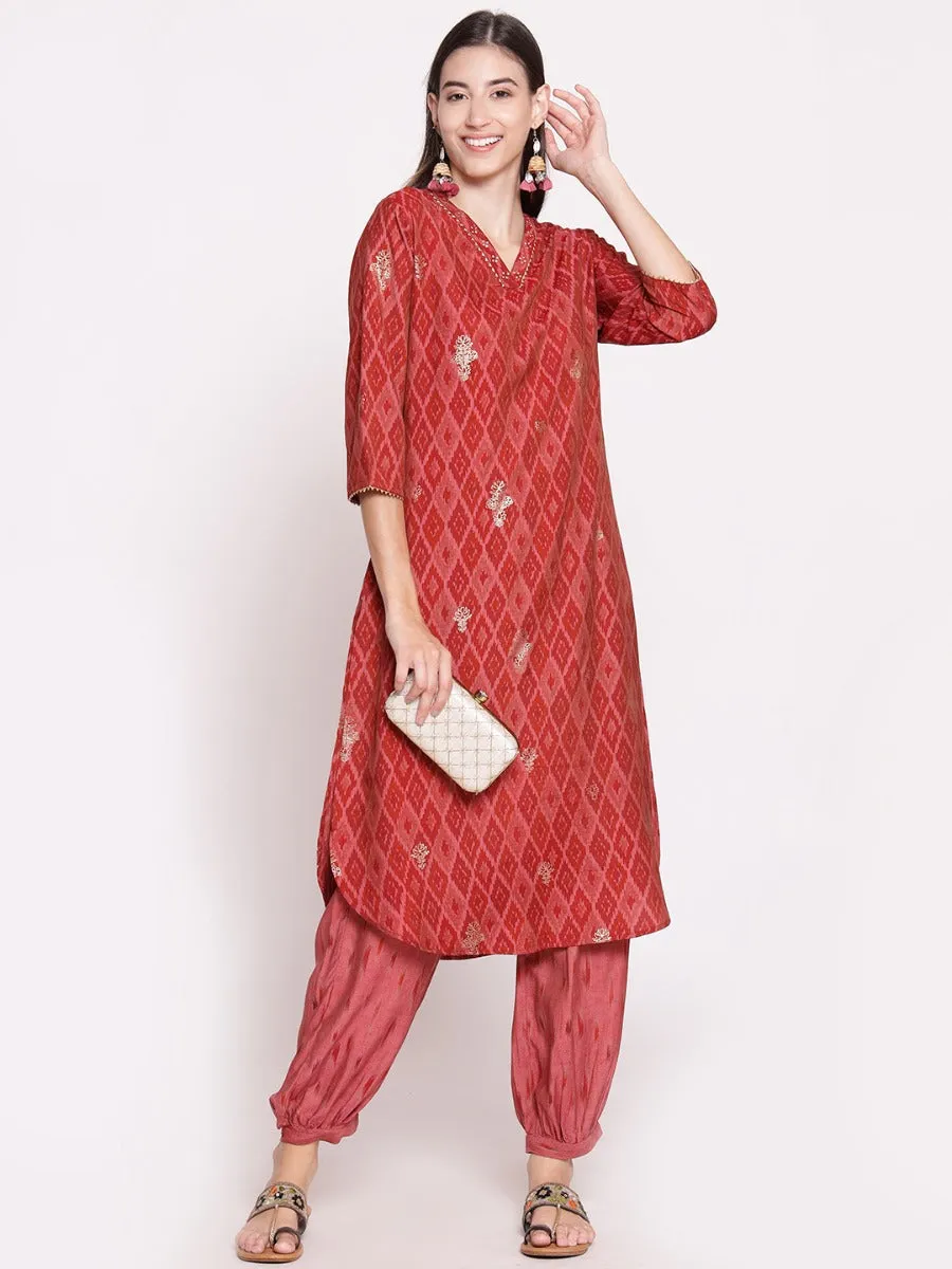 Women Pink Geometrical Printed Kurta With Harem Pant