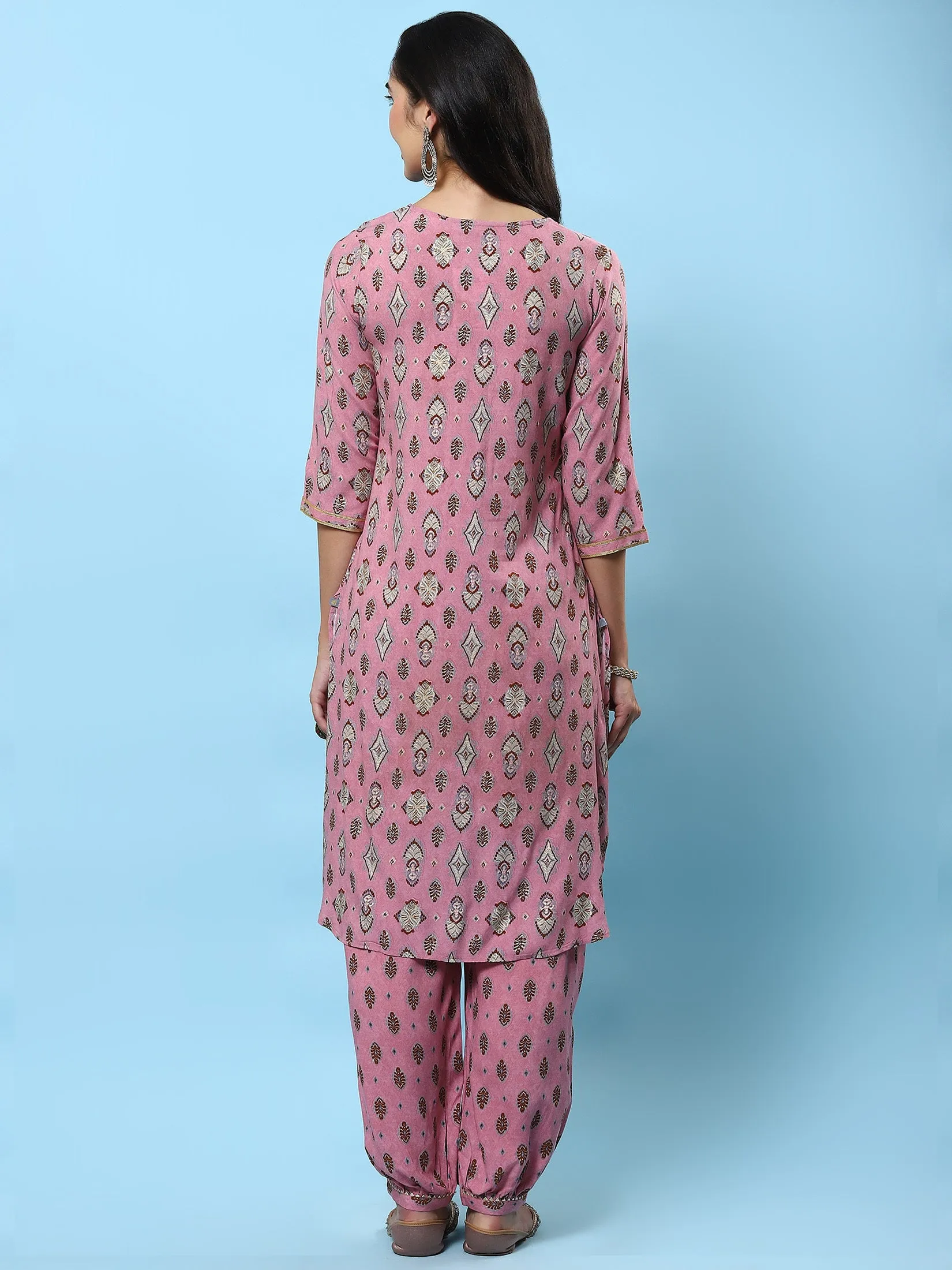 Women Pink Printed Kurta With Harem Pant