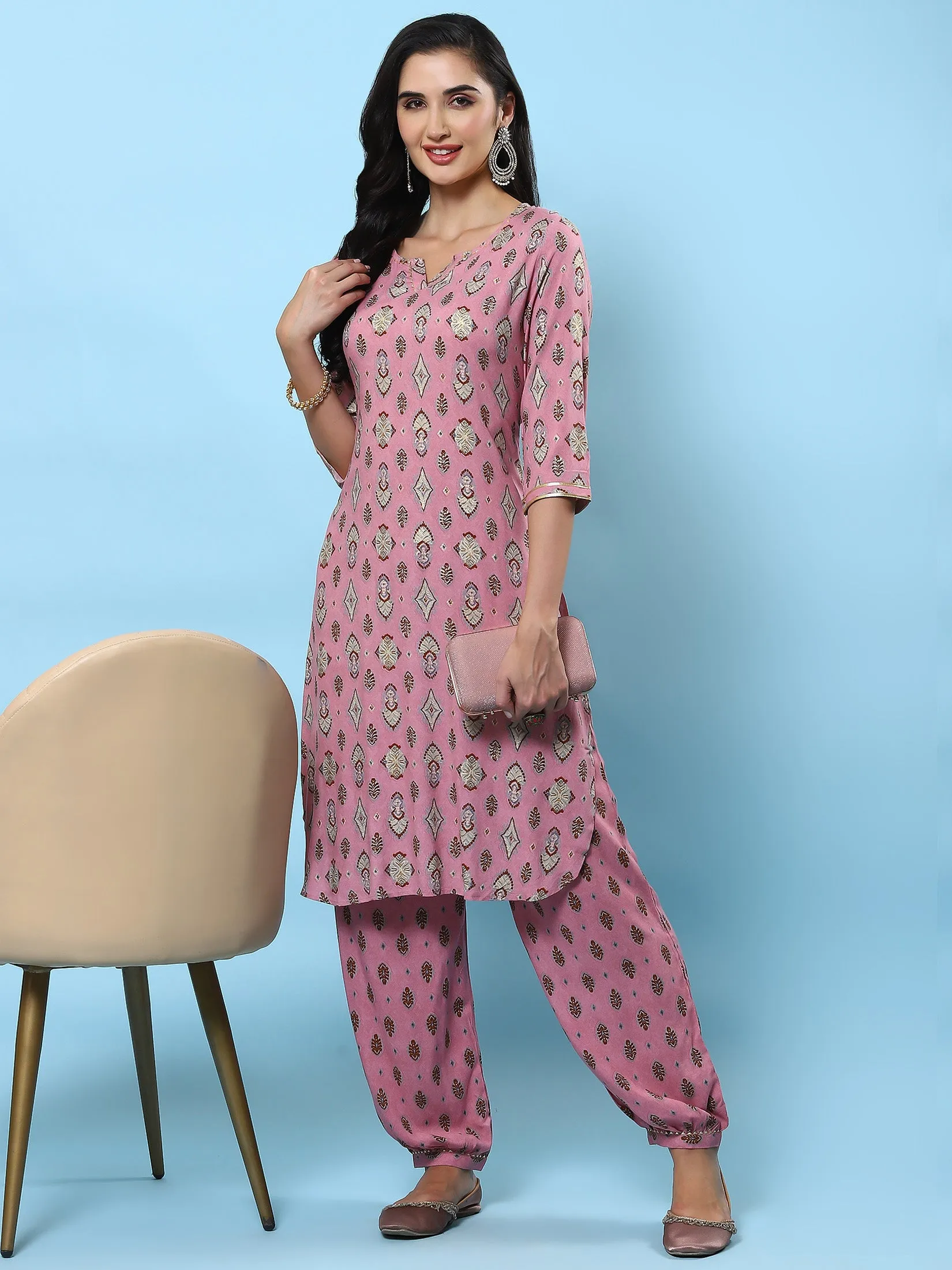 Women Pink Printed Kurta With Harem Pant