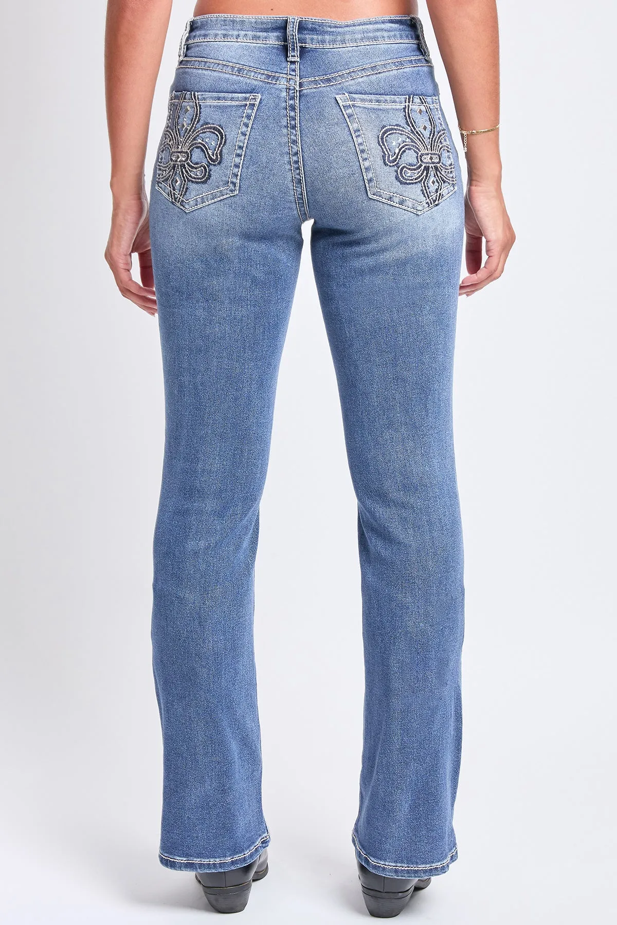 Women's Mid Rise Studded Fleur De Lis Bootcut Jeans