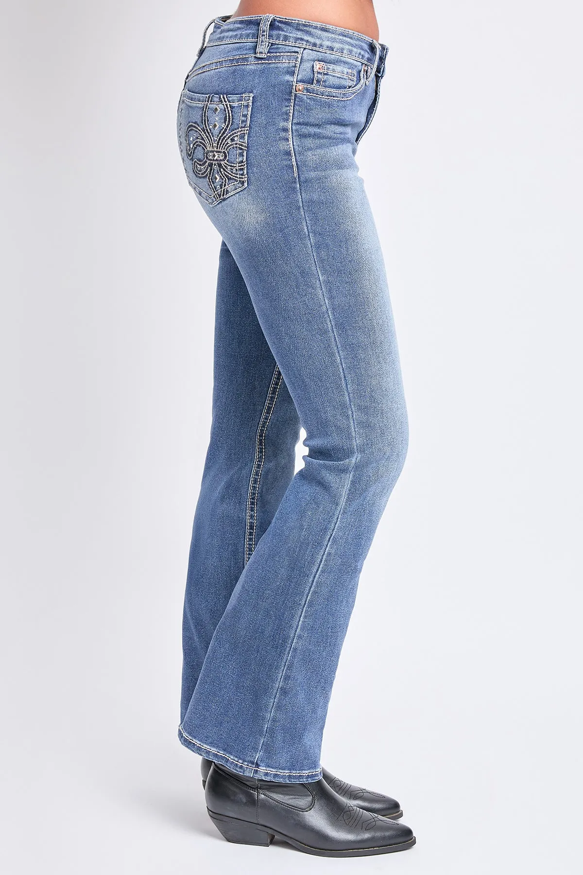 Women's Mid Rise Studded Fleur De Lis Bootcut Jeans