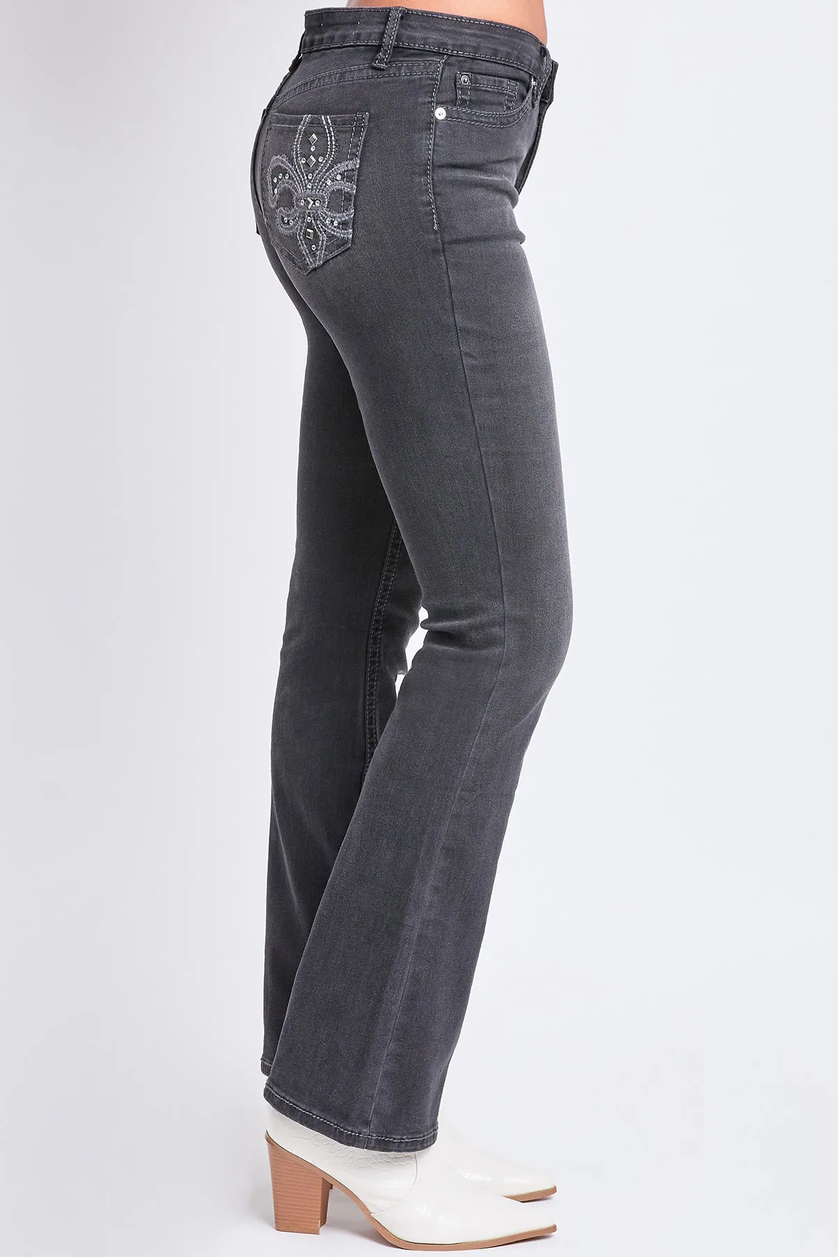 Women's Mid Rise Studded Fleur De Lis Bootcut Jeans