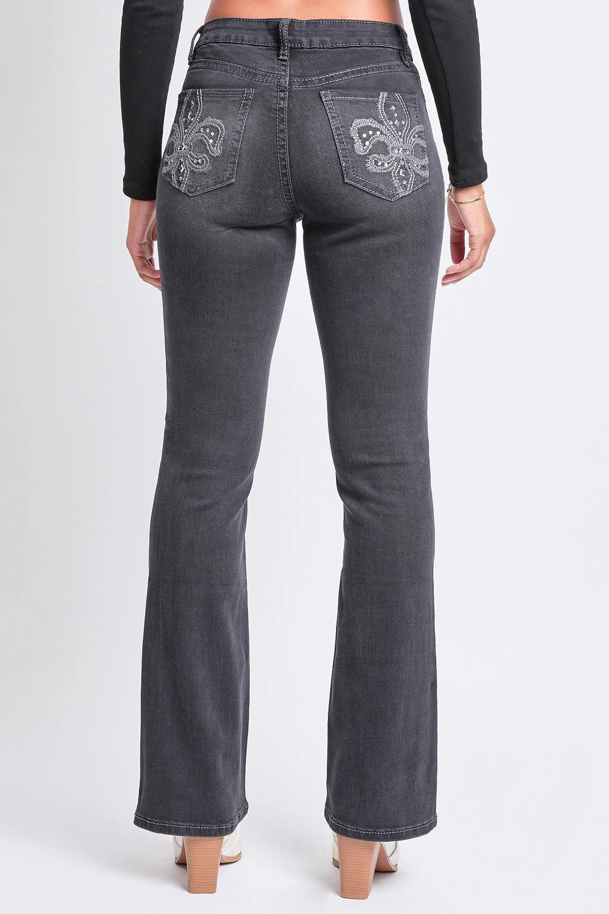 Women's Mid Rise Studded Fleur De Lis Bootcut Jeans